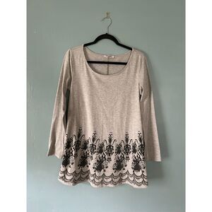 HIBELLE Print Tunic Top gray, black boat neck Size Large
